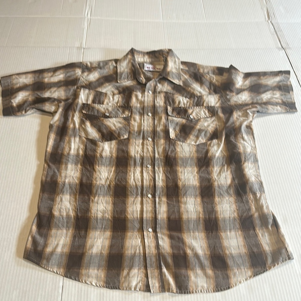 Real Work Wear Plaid Brown light brown blue Men's Shirt pearl snap buttons sz L